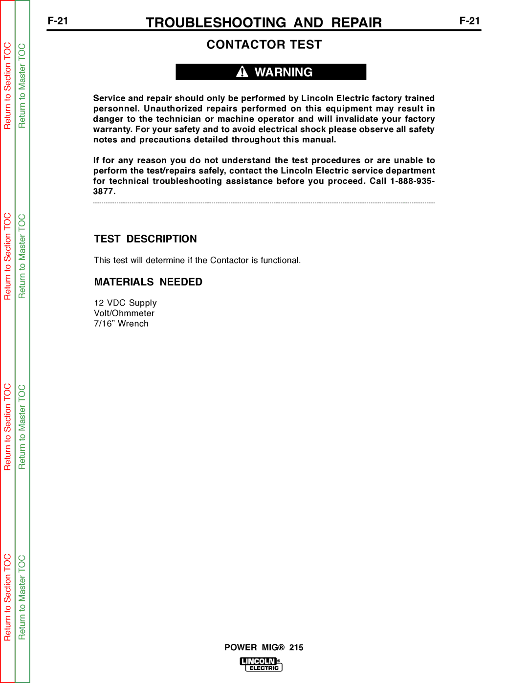 Lincoln Electric SVM167-A service manual Contactor Test 