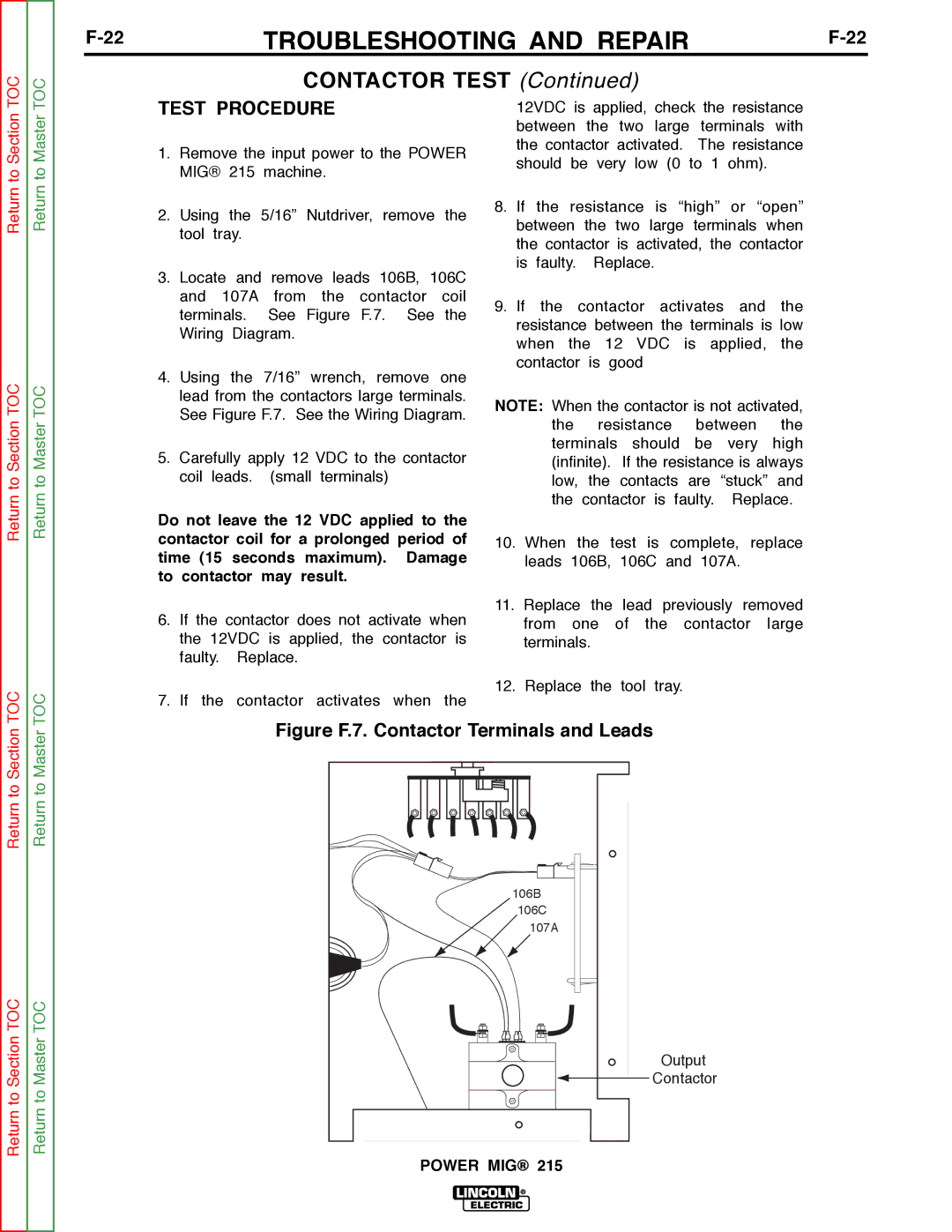 Lincoln Electric SVM167-A service manual Contactor Test, Figure F.7. Contactor Terminals and Leads 