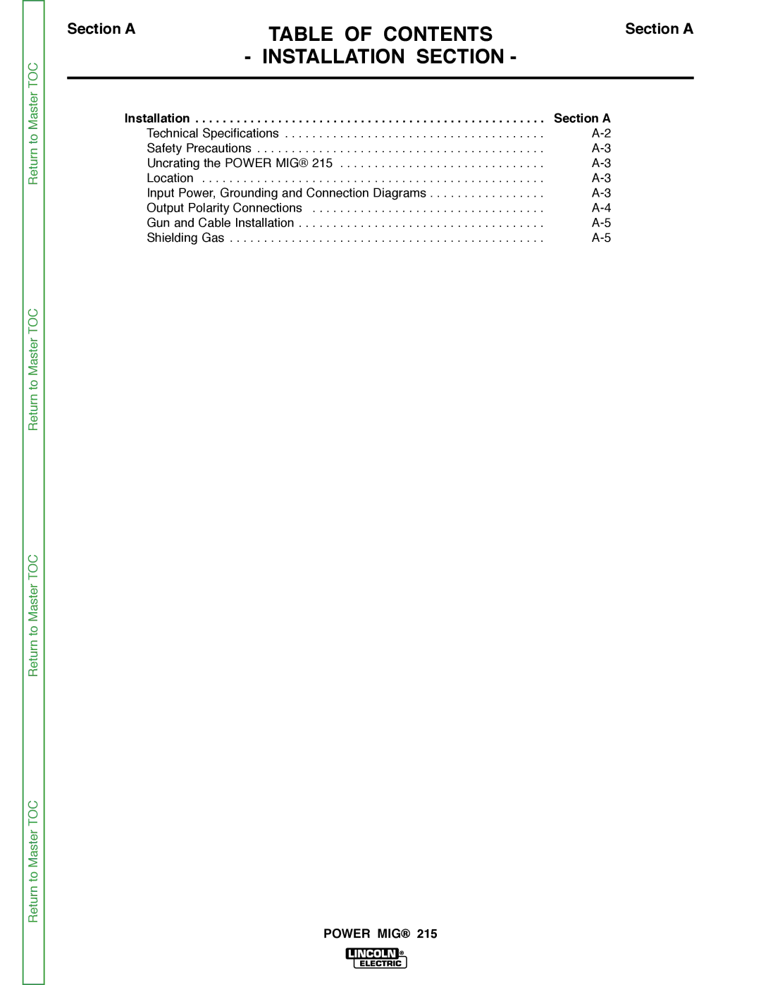 Lincoln Electric SVM167-A service manual Table of Contents, Installation SECTION  