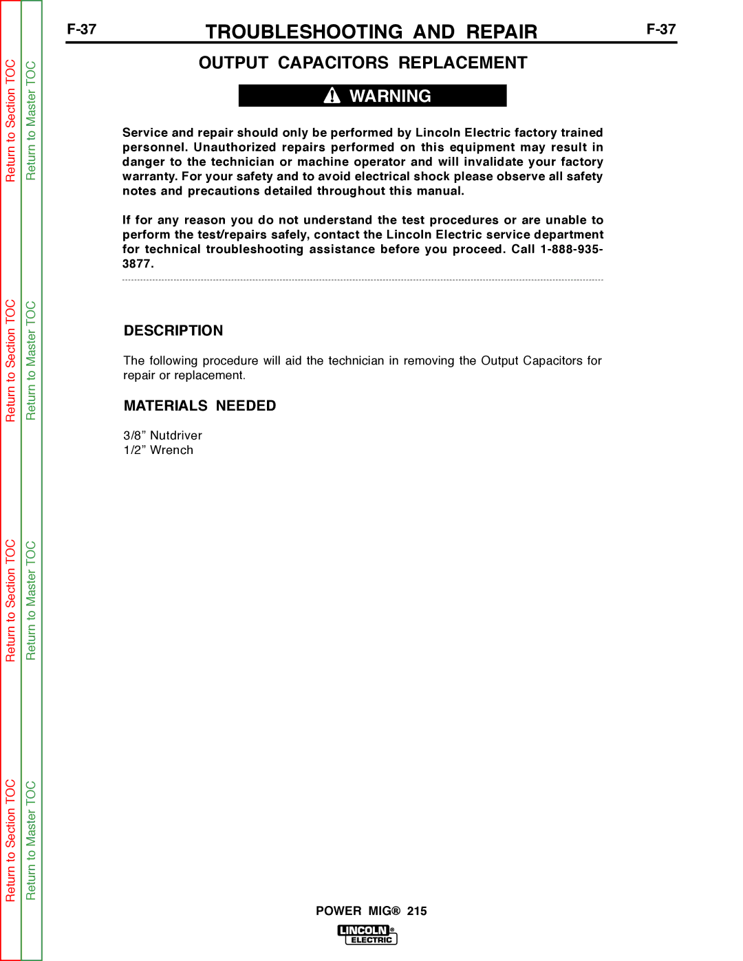 Lincoln Electric SVM167-A service manual Output Capacitors Replacement, Description 