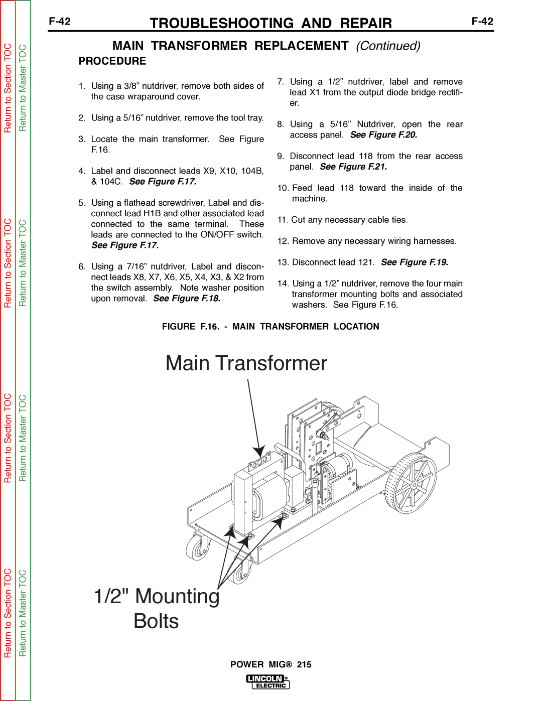 Lincoln Electric SVM167-A service manual Main Transformer Replacement, See Figure F.17 