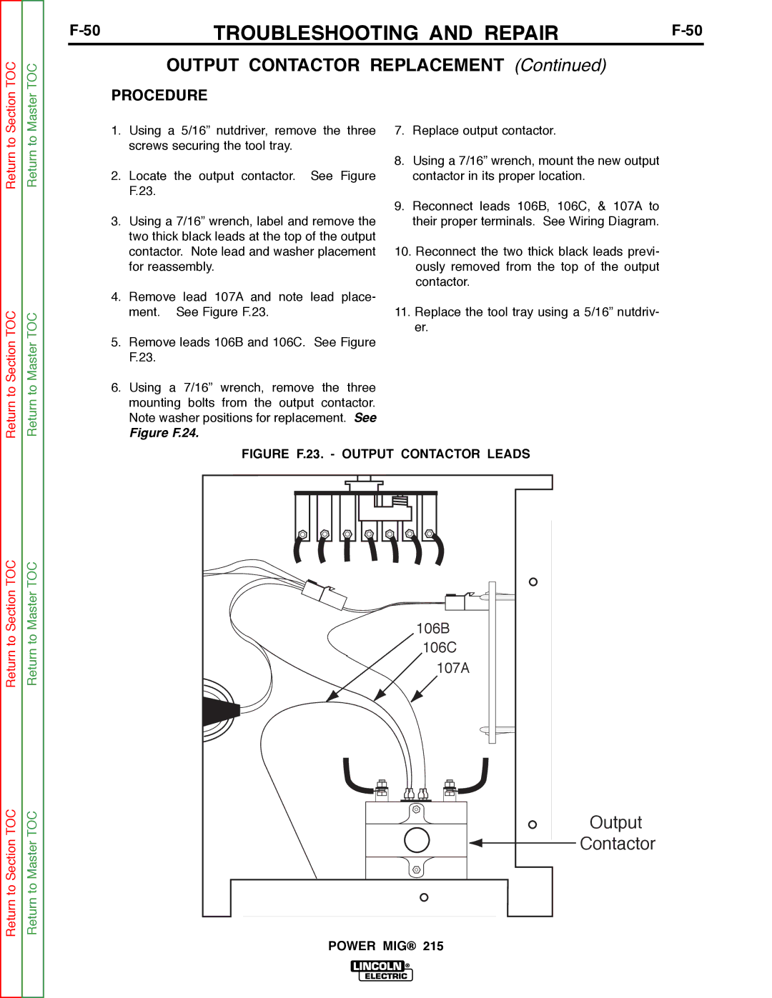 Lincoln Electric SVM167-A service manual Output Contactor Replacement, Figure F.24 