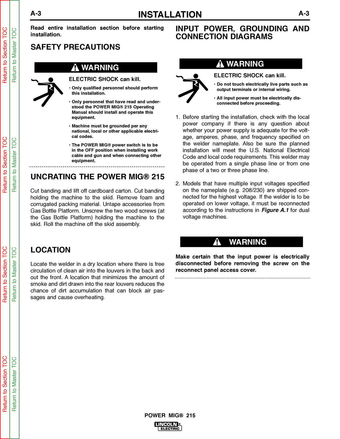 Lincoln Electric SVM167-A Safety Precautions, Uncrating the Power MIG, Location, Installation, Electric Shock can kill 