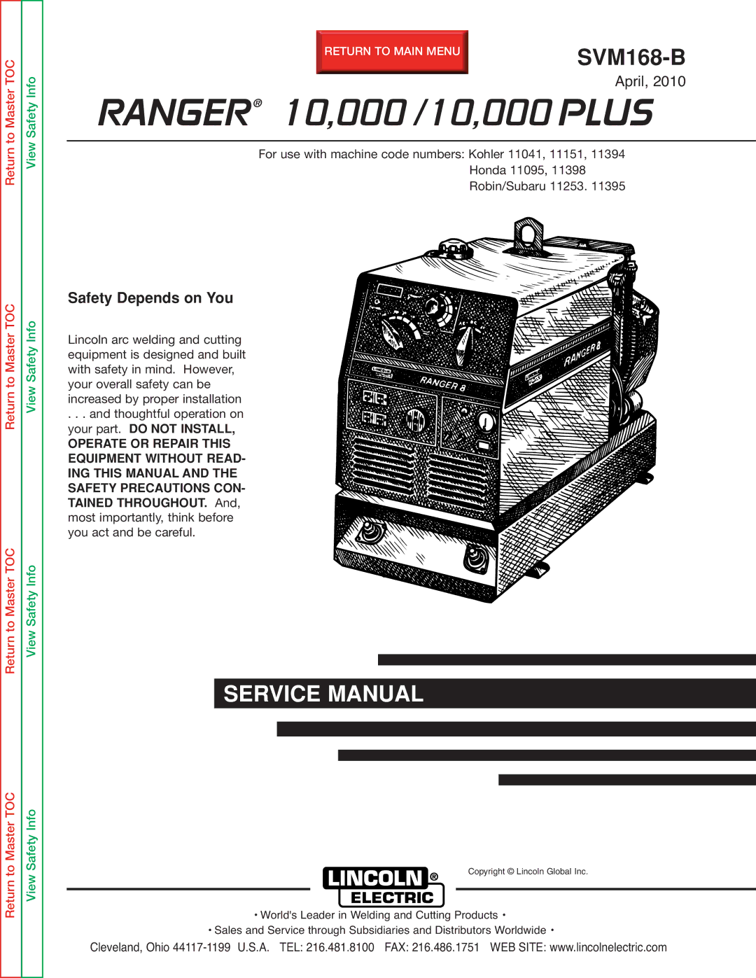 Lincoln Electric SVM168-B service manual Ranger 10,000 /10,000 Plus 