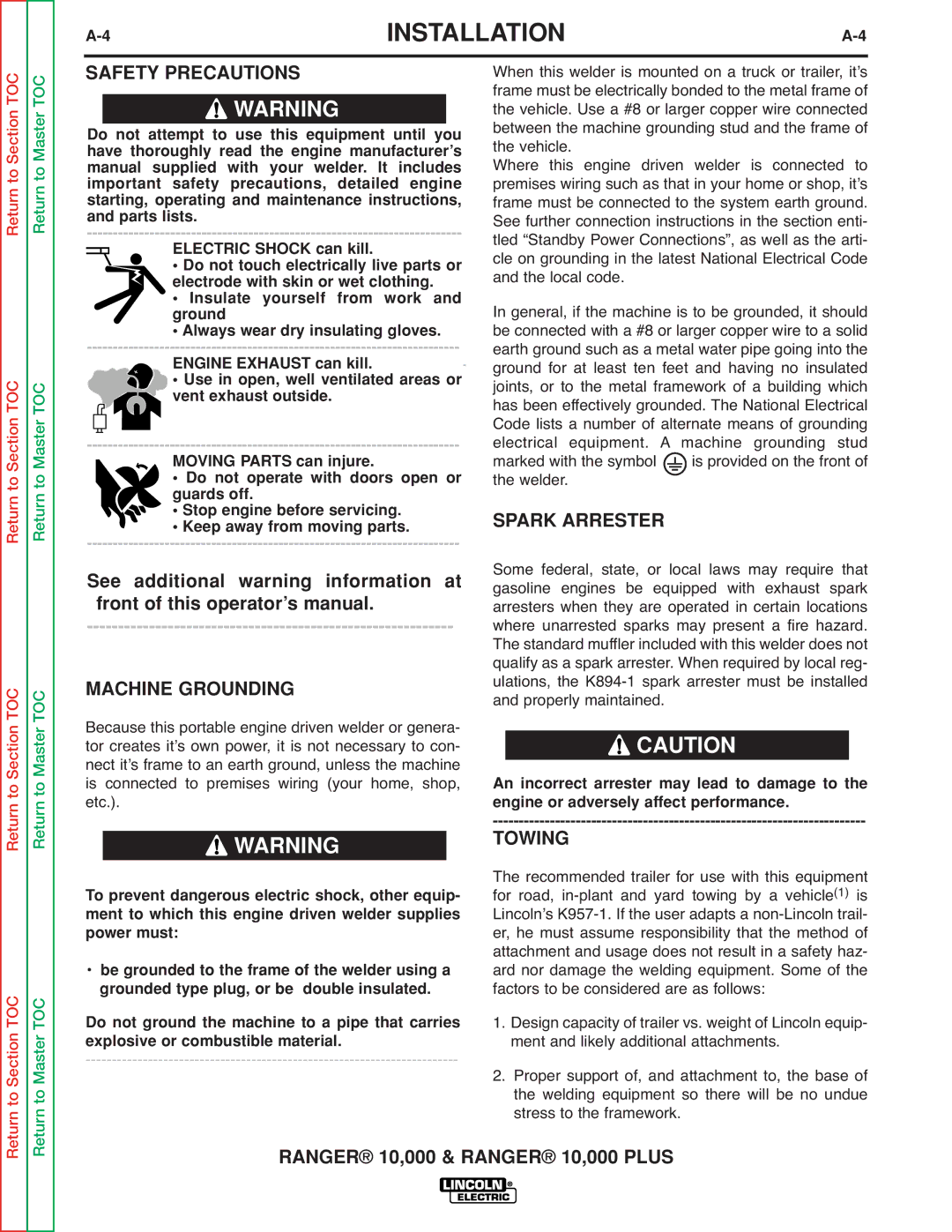 Lincoln Electric SVM168-B service manual Safety Precautions, Spark Arrester, Machine Grounding, Towing 