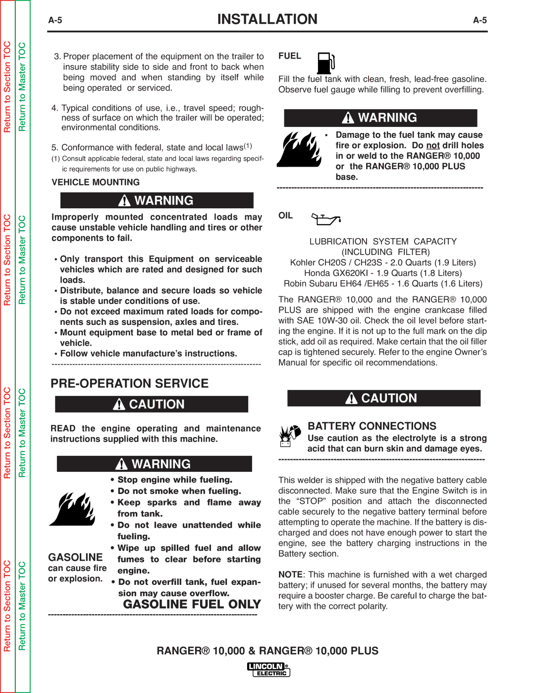 Lincoln Electric SVM168-B service manual PRE-OPERATION Service, Gasoline, Vehicle Mounting, Can cause fire or explosion 