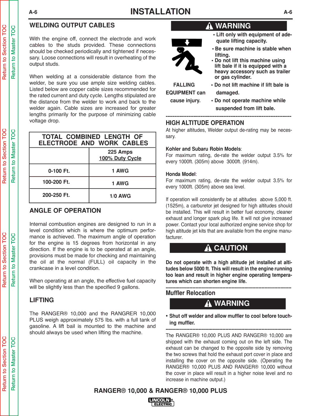 Lincoln Electric SVM168-B Welding Output Cables, Total Combined Length of Electrode and Work Cables, Angle of Operation 