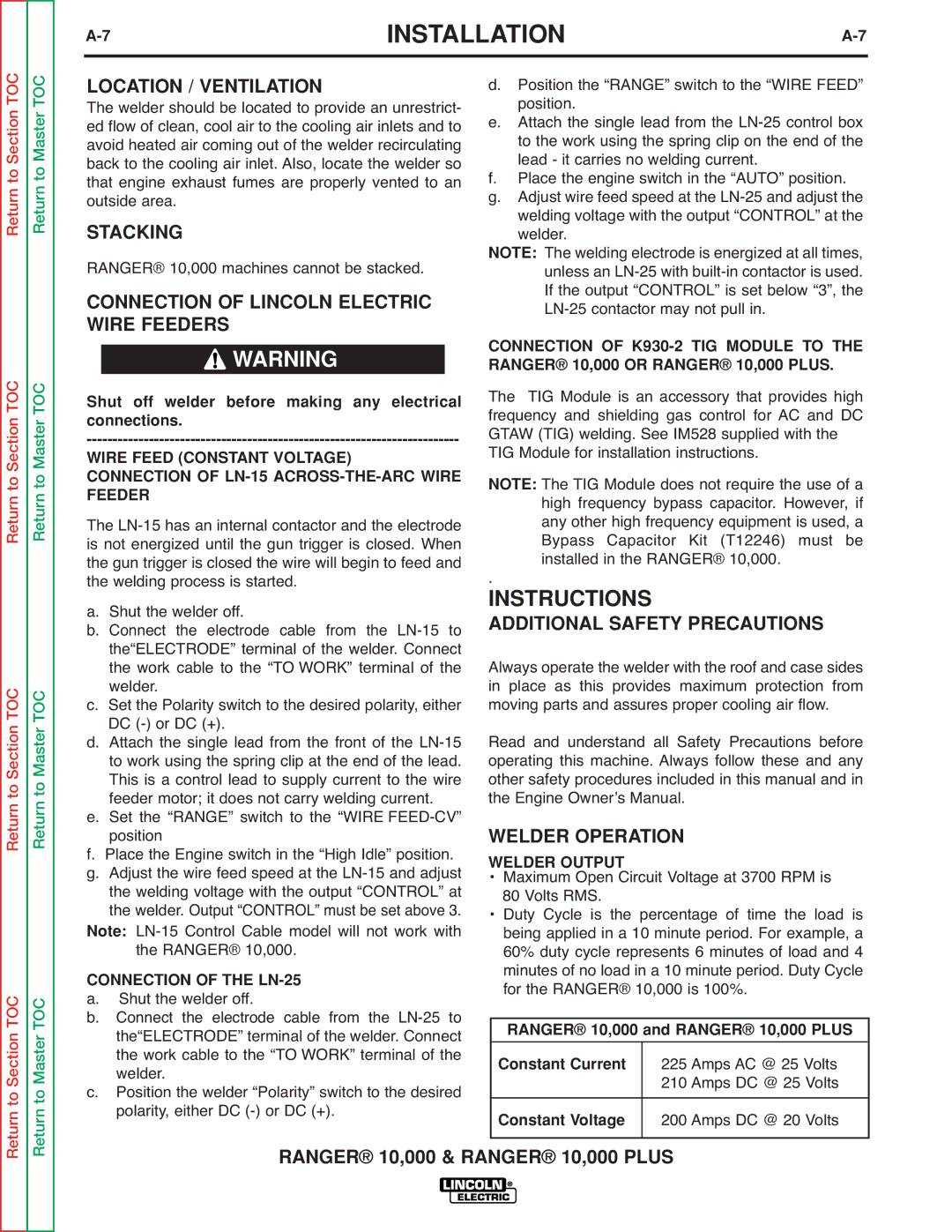 Lincoln Electric SVM168-B Instructions, Stacking, Connection of Lincoln Electric Wire Feeders, Welder Operation 