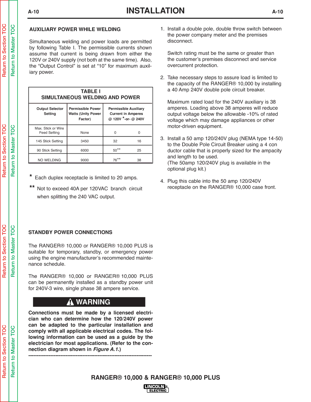 Lincoln Electric SVM168-B service manual Simultaneous Welding and Power, Standby Power Connections 