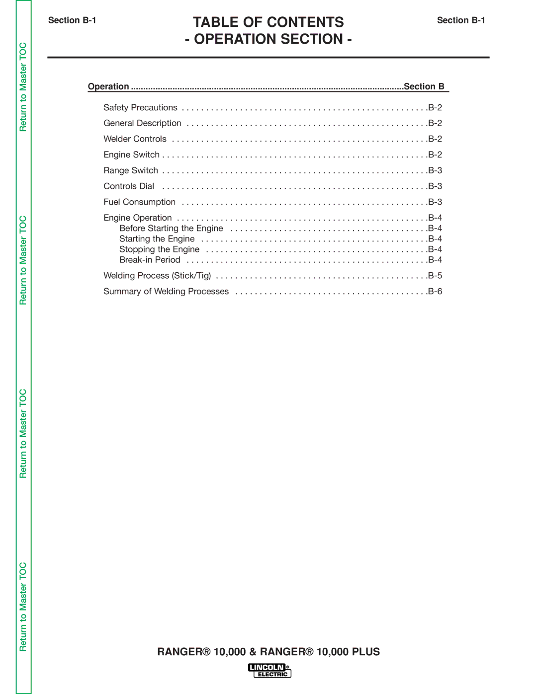 Lincoln Electric SVM168-B service manual Operation Section, Section B-1 