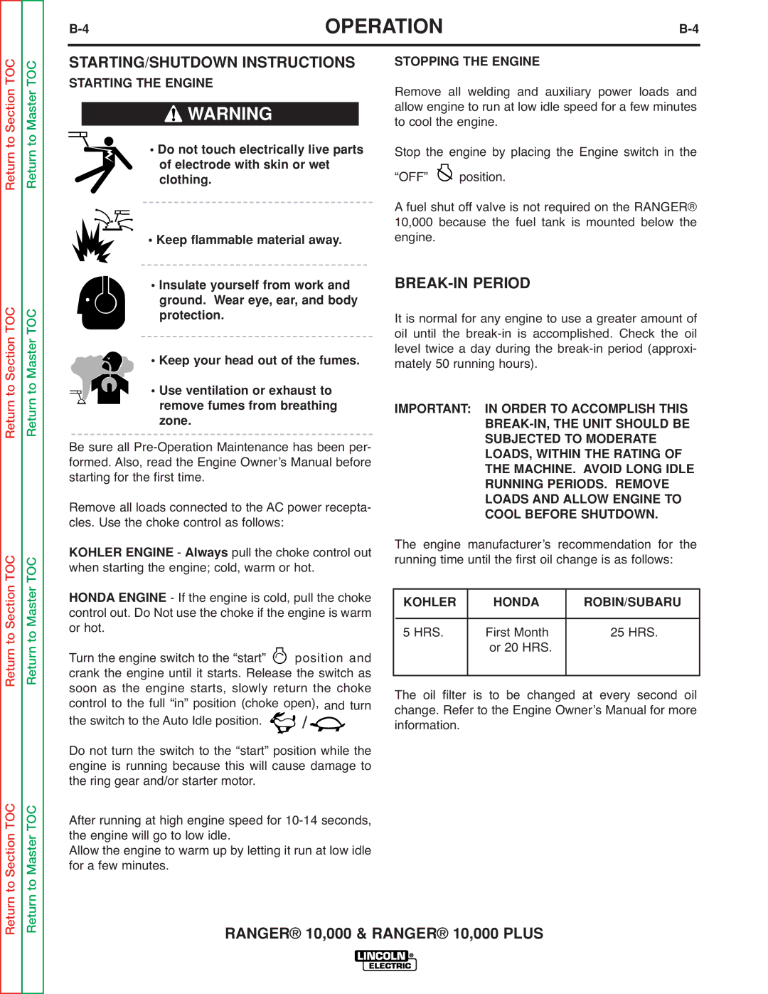 Lincoln Electric SVM168-B STARTING/SHUTDOWN Instructions, BREAK-IN Period, Starting the Engine, Stopping the Engine 