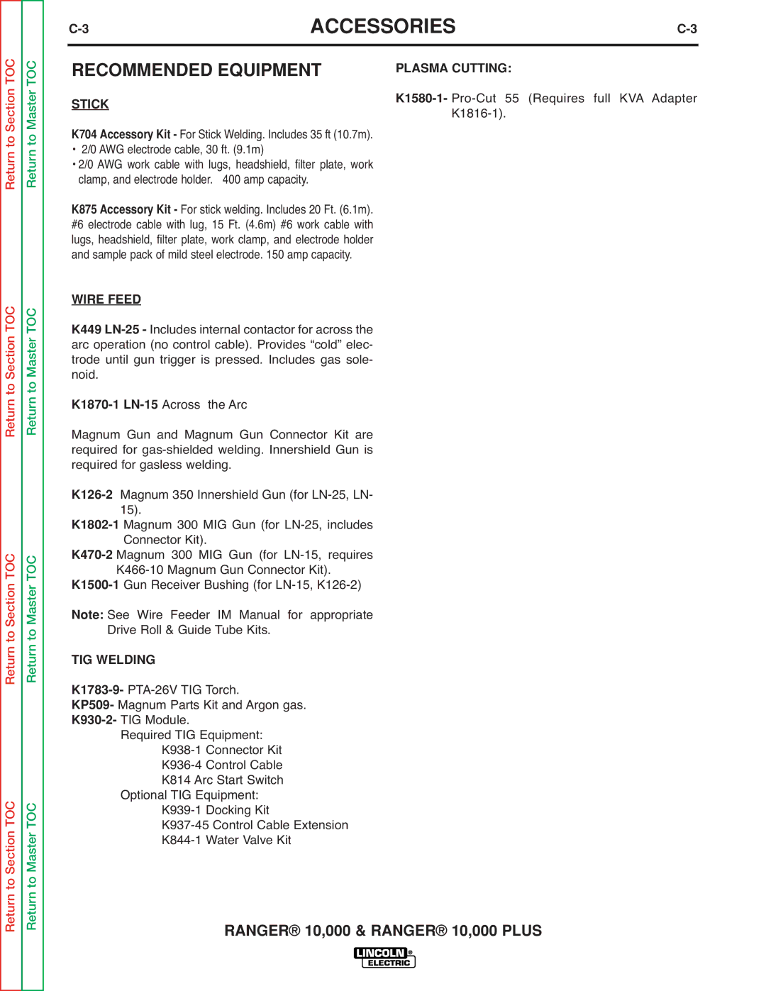 Lincoln Electric SVM168-B service manual Recommended Equipment, Stick, TIG Welding, Plasma Cutting 