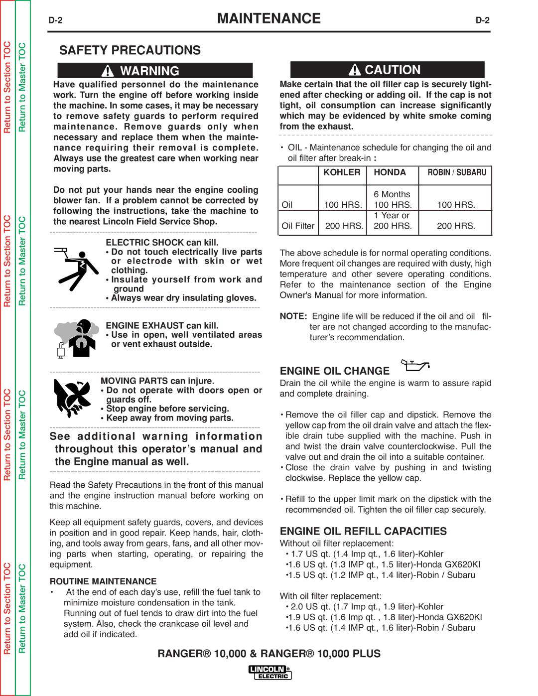 Lincoln Electric SVM168-B service manual Maintenance, Safety Precautions, Kohler Honda 