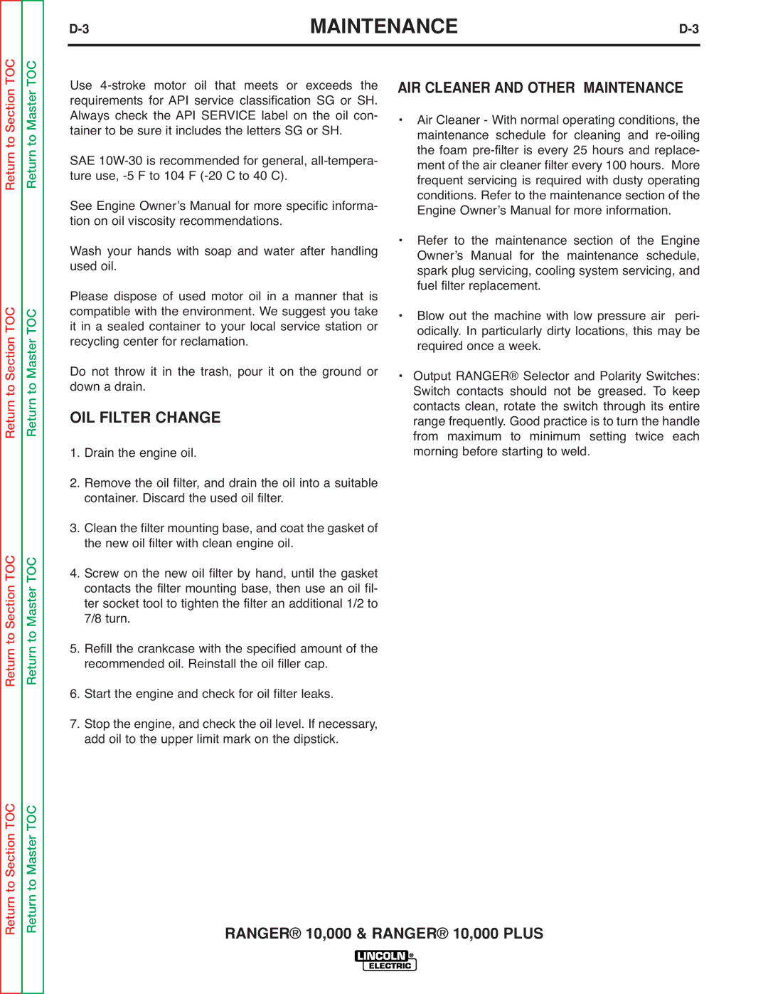 Lincoln Electric SVM168-B service manual OIL Filter Change, AIR Cleaner and Other Maintenance 