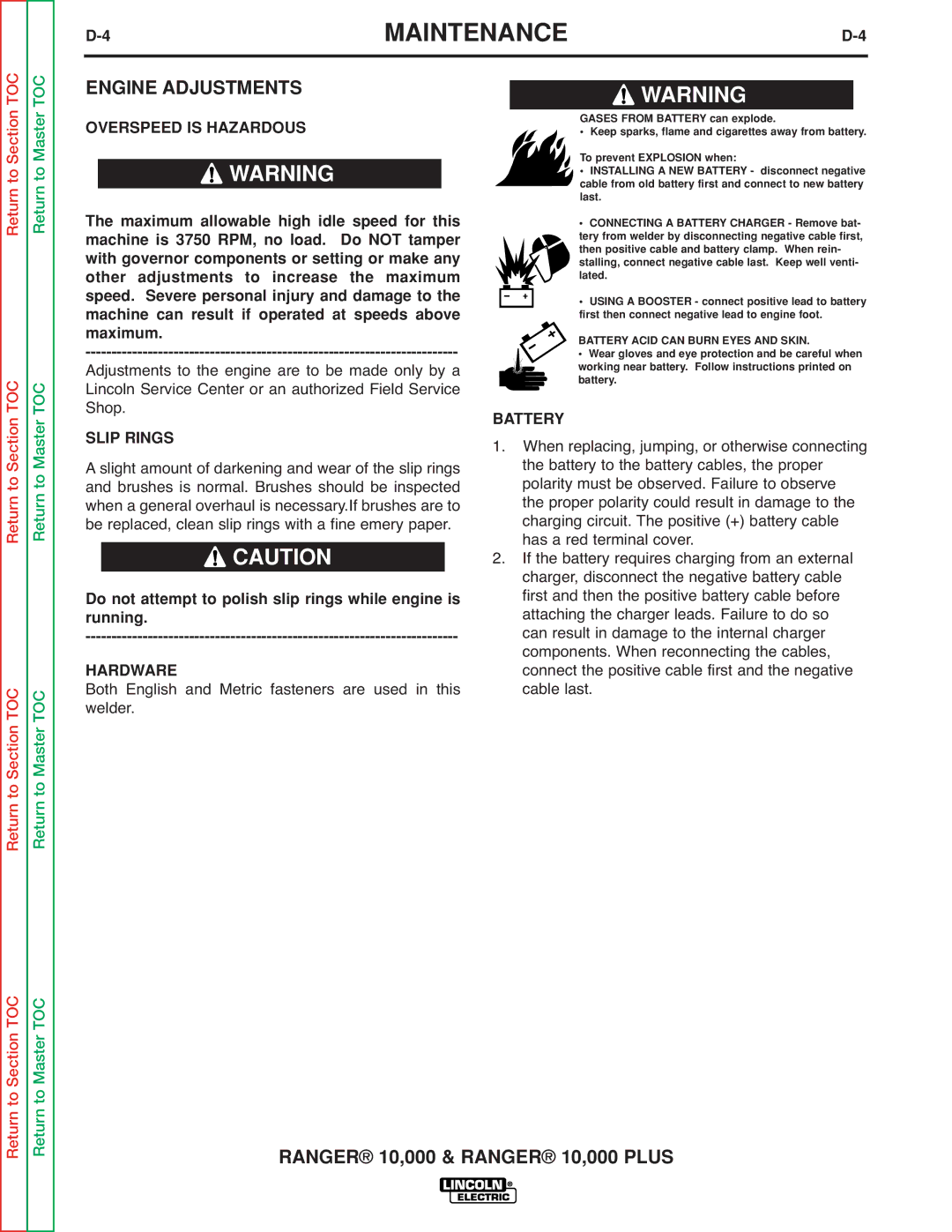 Lincoln Electric SVM168-B service manual Engine Adjustments, Overspeed is Hazardous, Slip Rings, Battery 