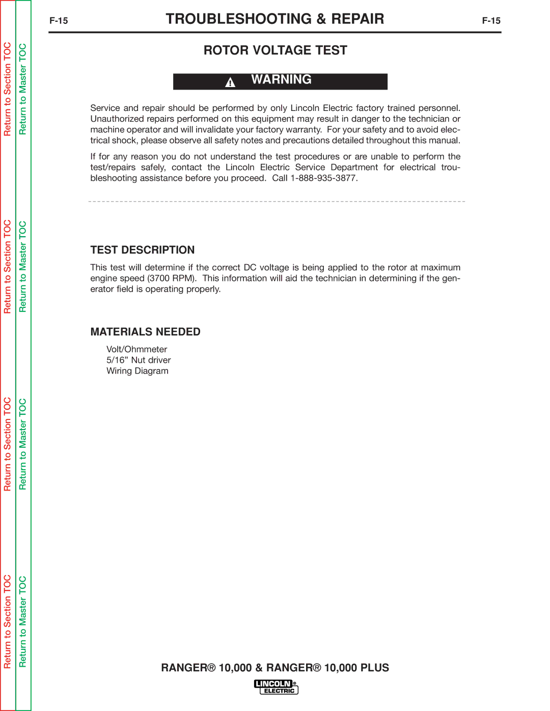 Lincoln Electric SVM168-B service manual Rotor Voltage Test, Test Description, Materials Needed 