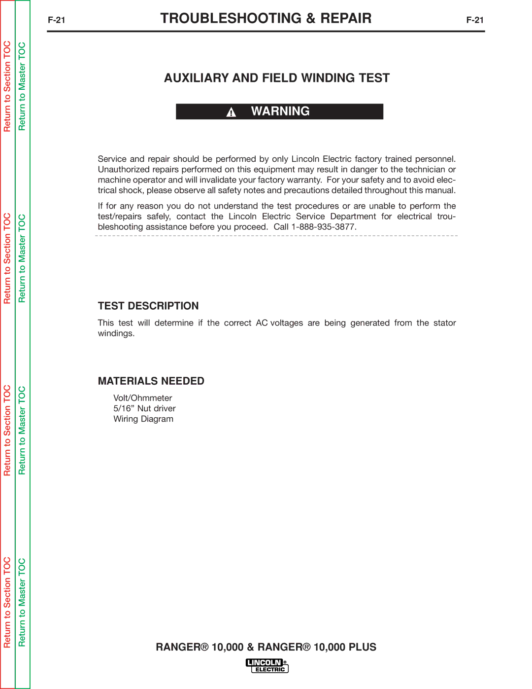 Lincoln Electric SVM168-B service manual Auxiliary and Field Winding Test, Test Description 