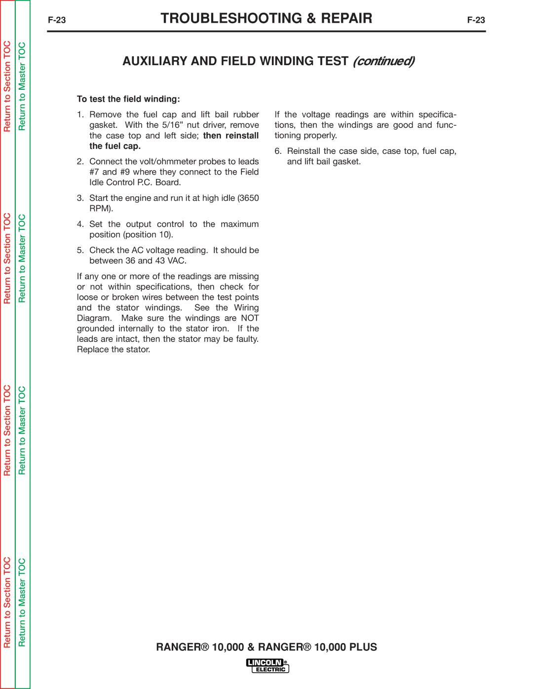 Lincoln Electric SVM168-B service manual To test the field winding 