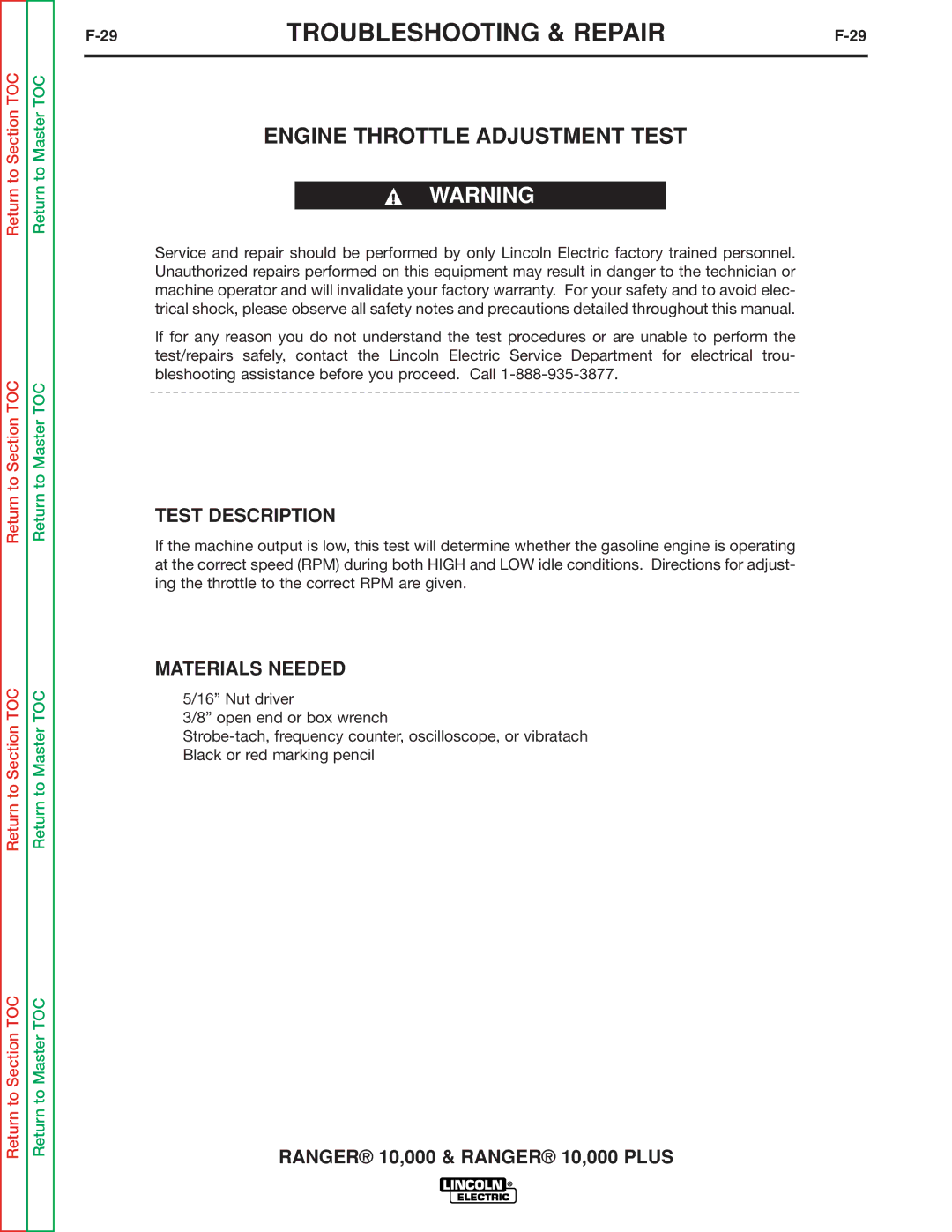 Lincoln Electric SVM168-B service manual Engine Throttle Adjustment Test 