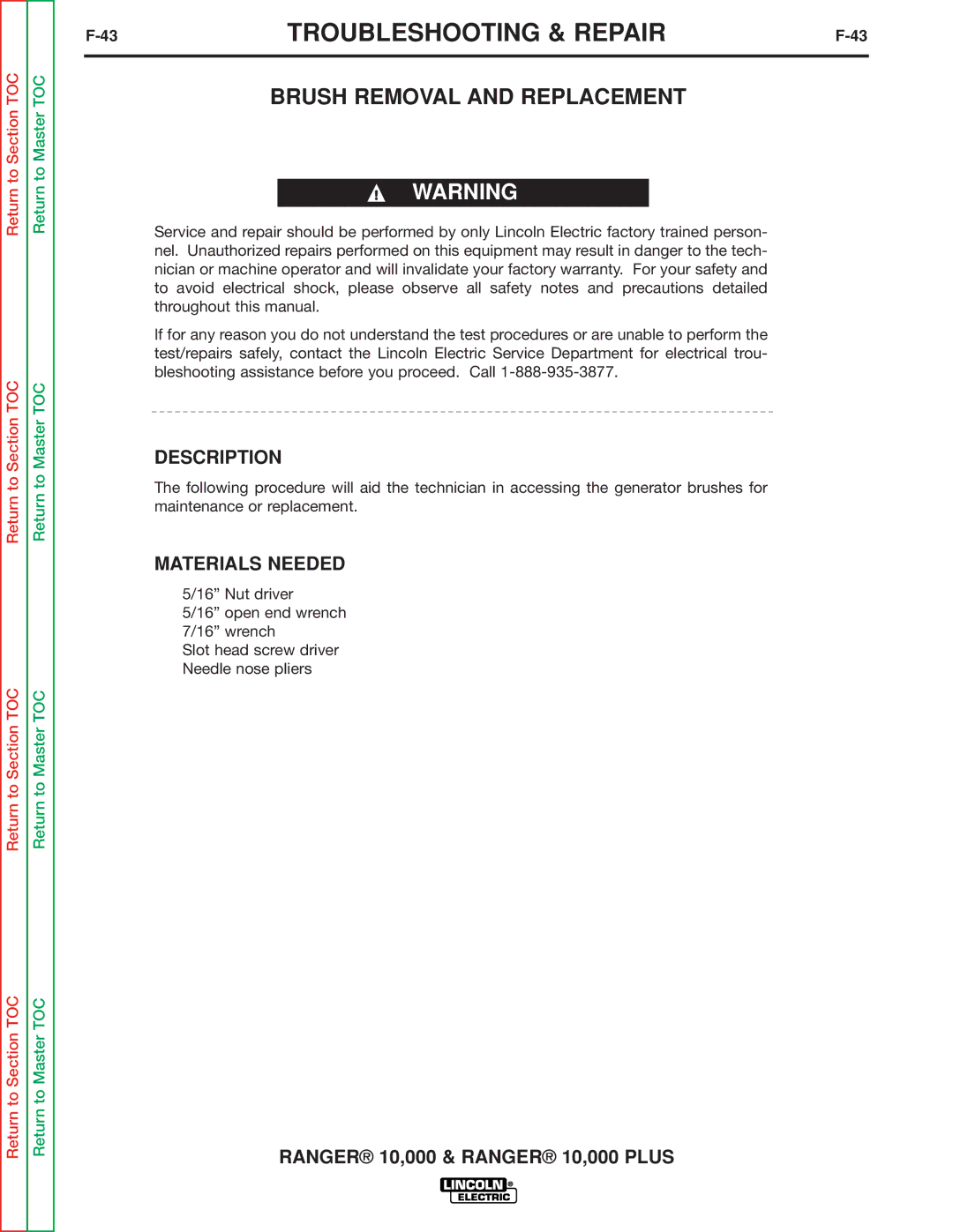 Lincoln Electric SVM168-B service manual Brush Removal and Replacement, Description 