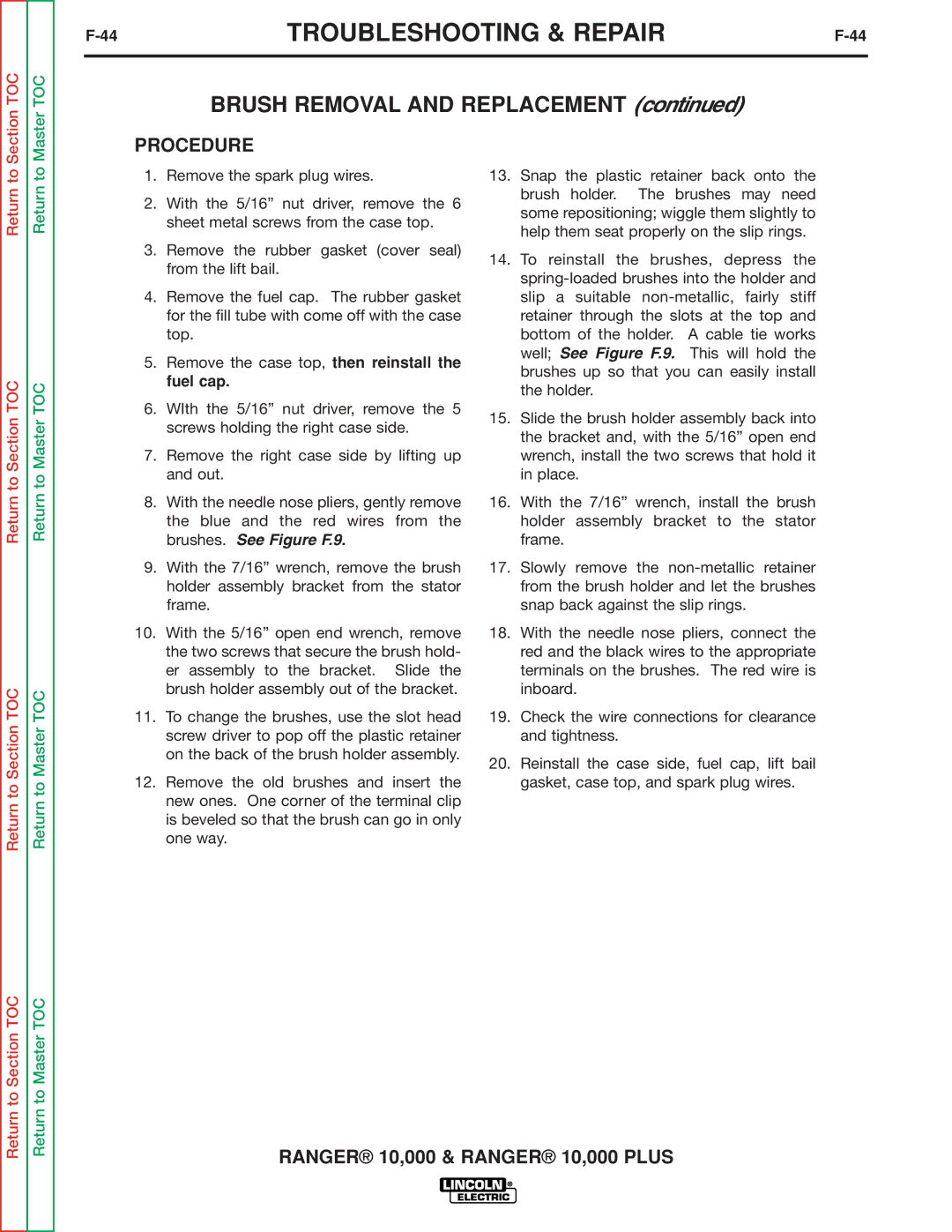 Lincoln Electric SVM168-B service manual Brush Removal and Replacement, Procedure 