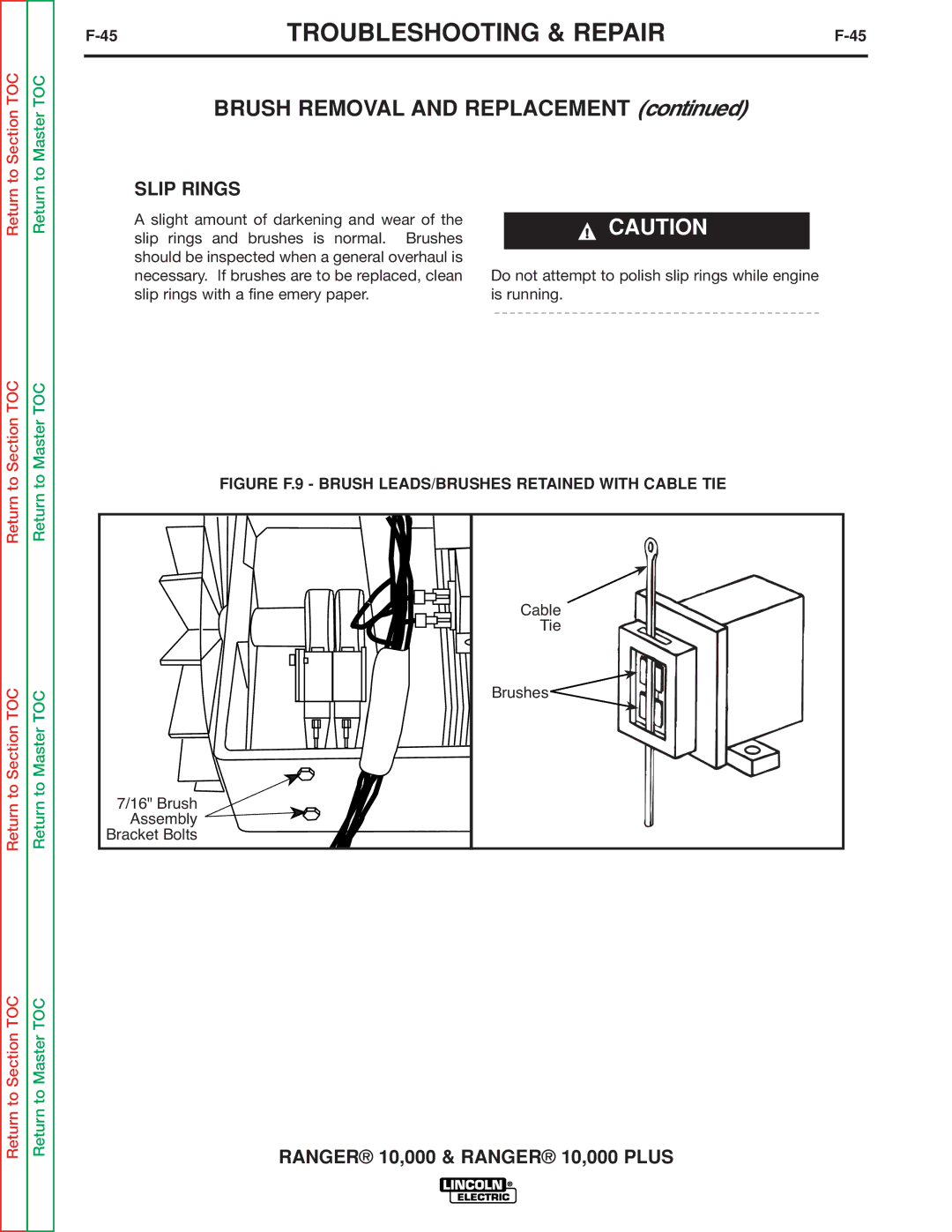 Lincoln Electric SVM168-B service manual Slip Rings, Figure F.9 Brush LEADS/BRUSHES Retained with Cable TIE 