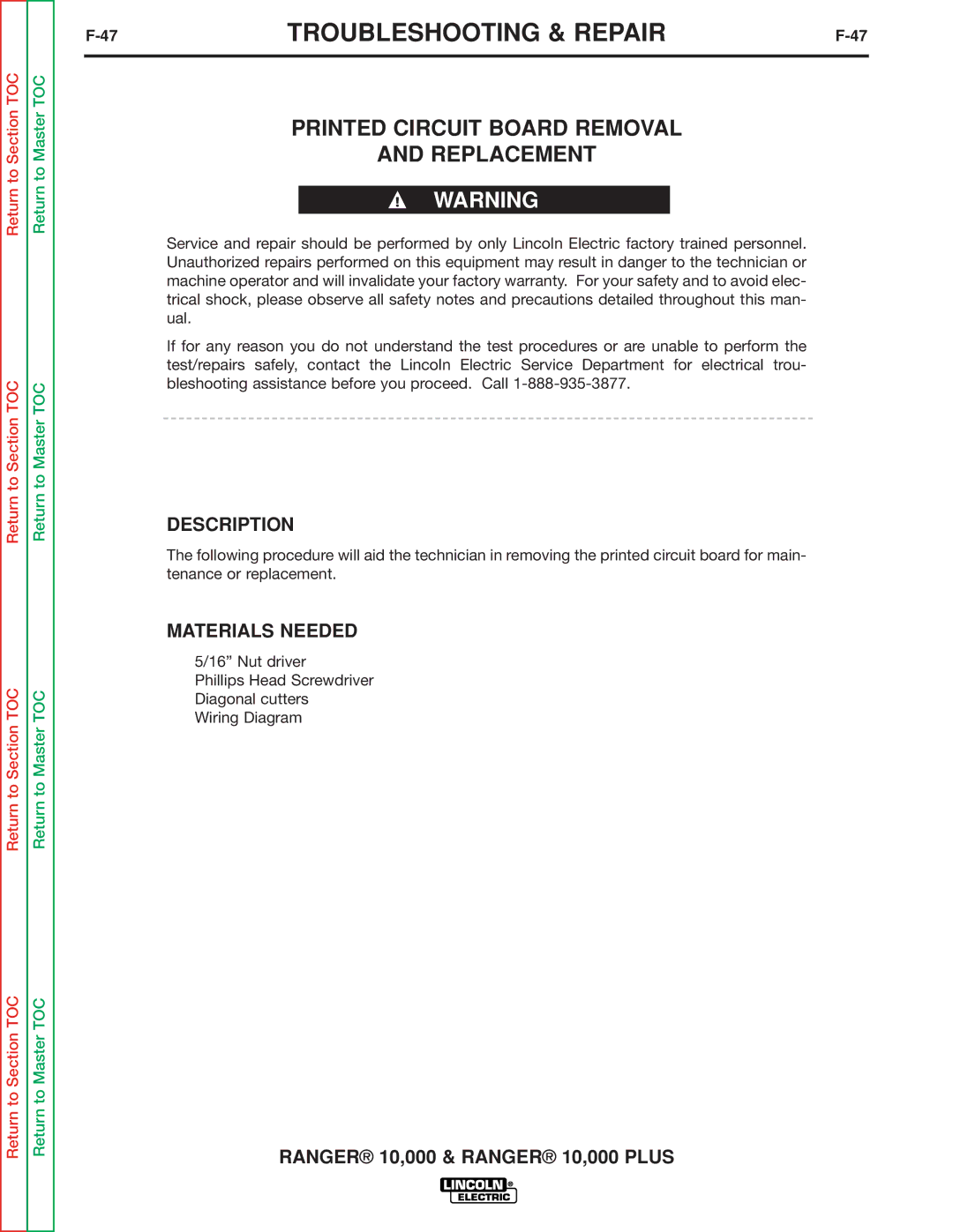 Lincoln Electric SVM168-B service manual Printed Circuit Board Removal Replacement, Description 