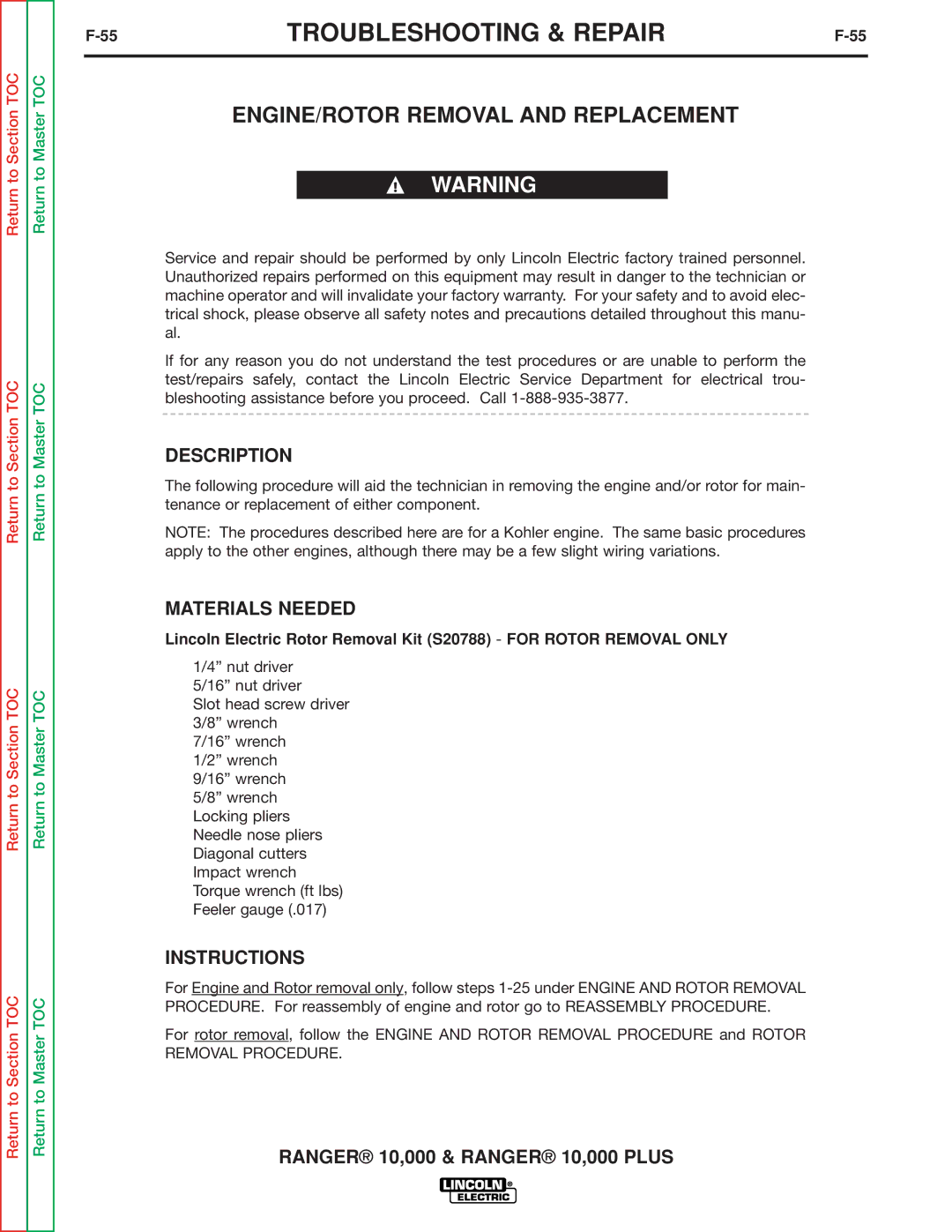 Lincoln Electric SVM168-B service manual ENGINE/ROTOR Removal and Replacement, Instructions 