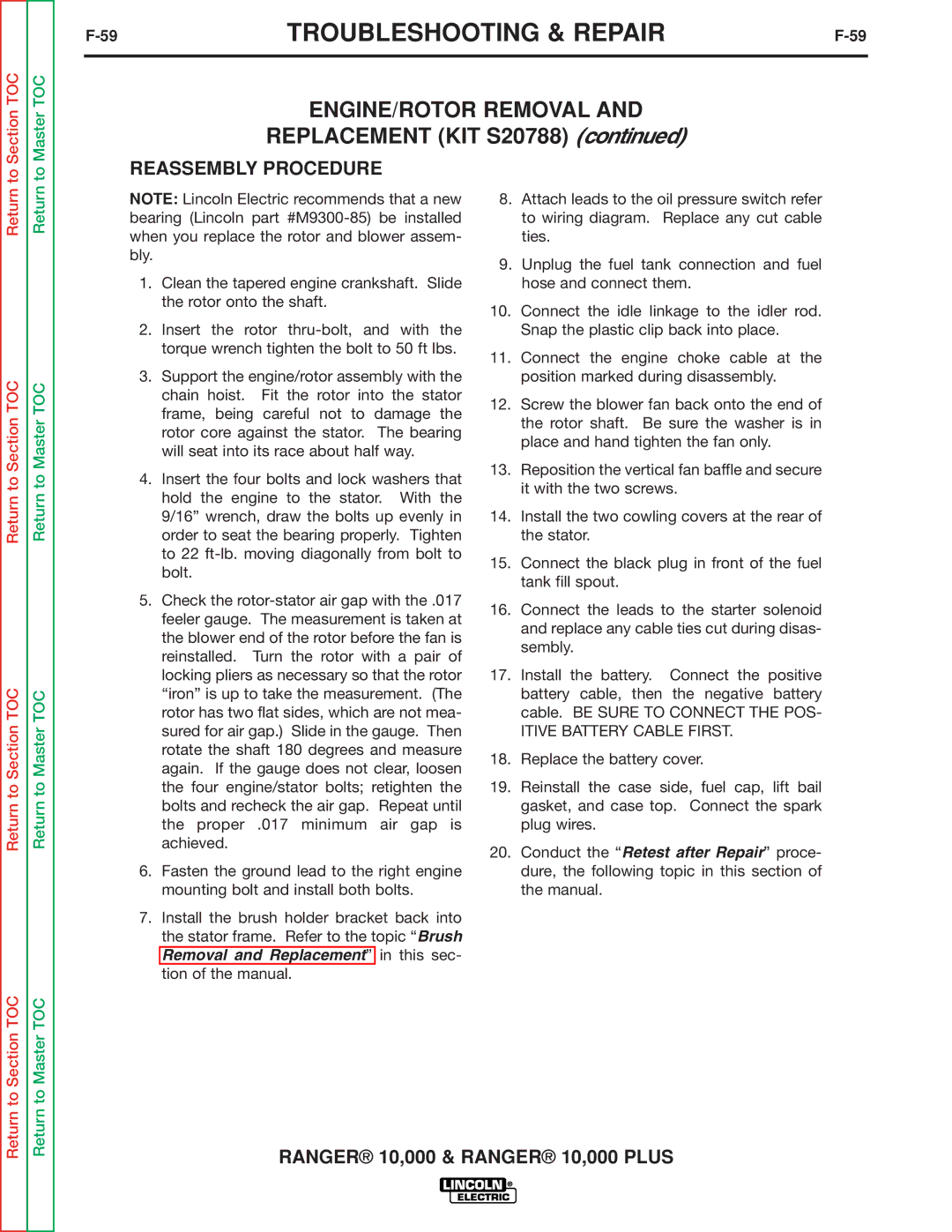 Lincoln Electric SVM168-B service manual Replacement KIT S20788, Reassembly Procedure 