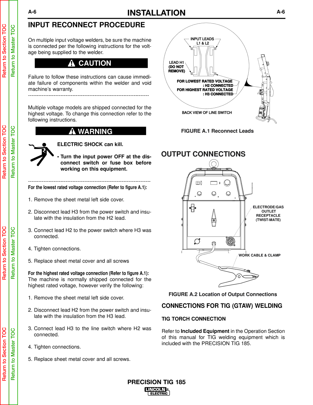 Lincoln Electric SVM169-A service manual Input Reconnect Procedure, Output Connections, Connections for TIG Gtaw Welding 