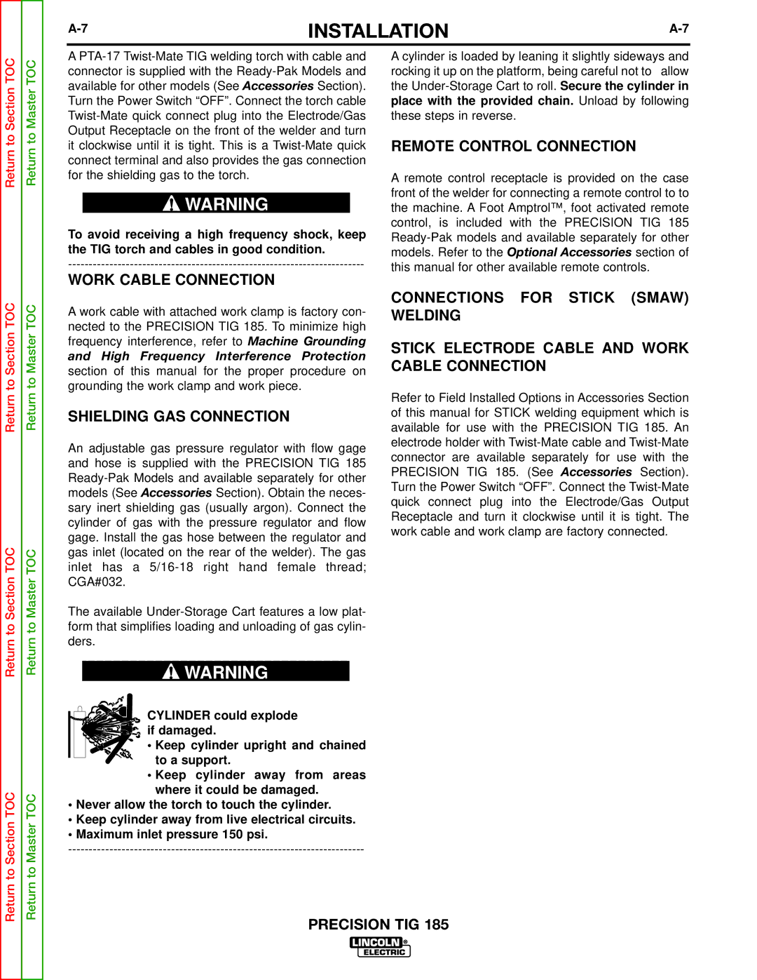 Lincoln Electric SVM169-A service manual Work Cable Connection, Shielding GAS Connection, Remote Control Connection 