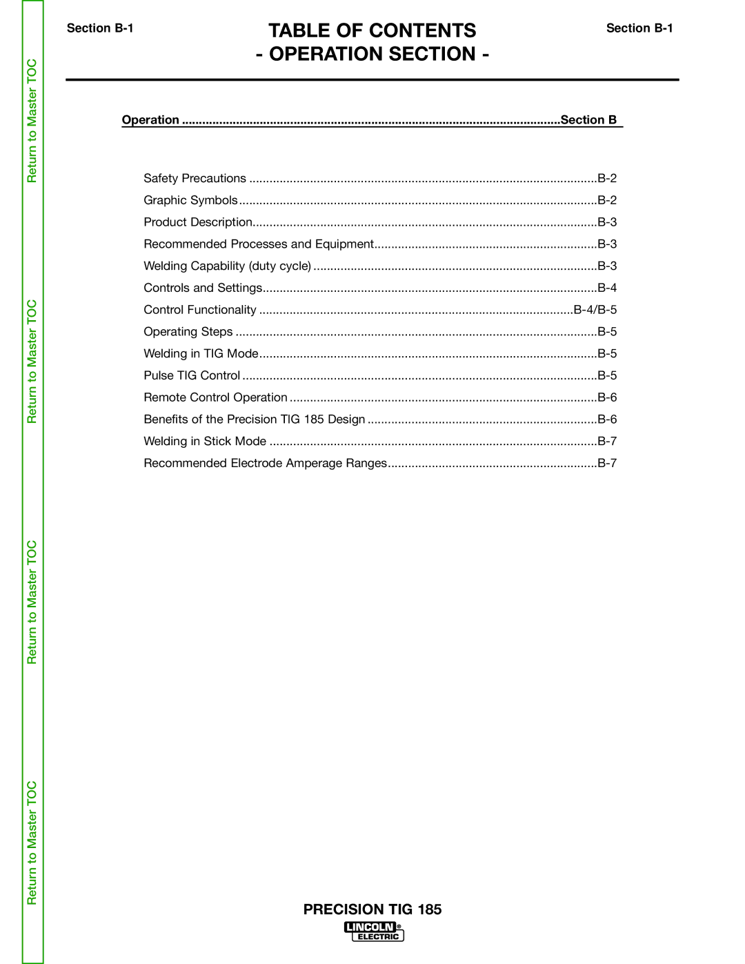 Lincoln Electric SVM169-A service manual Operation Section, Section B 