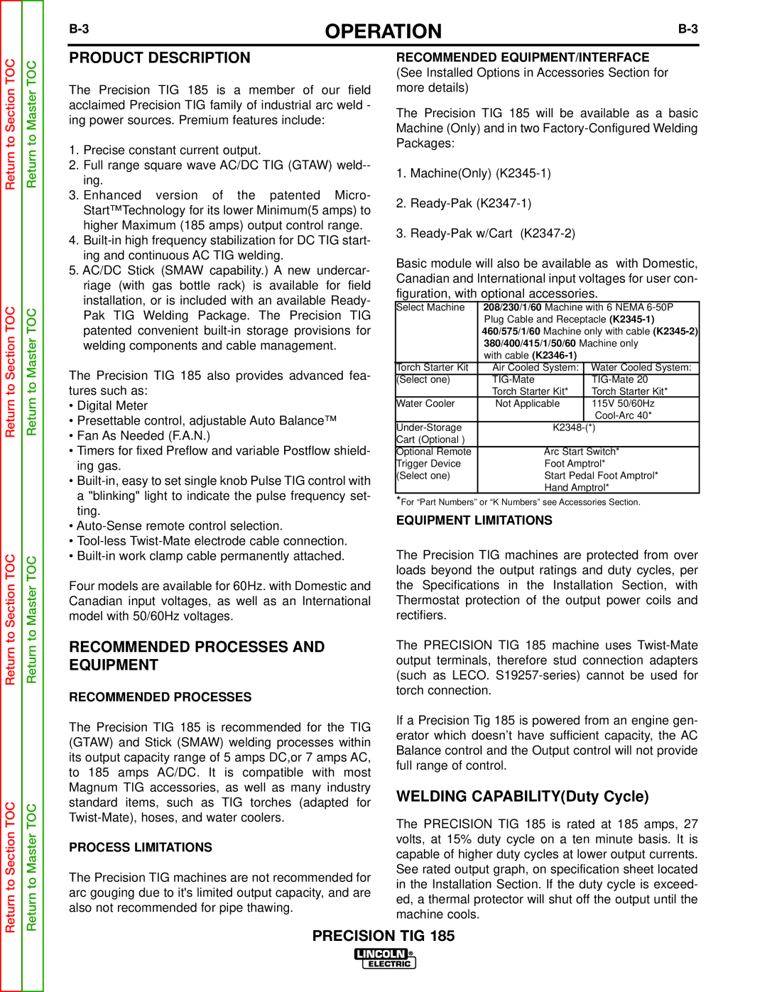 Lincoln Electric SVM169-A service manual Product Description, Recommended Processes and Equipment 