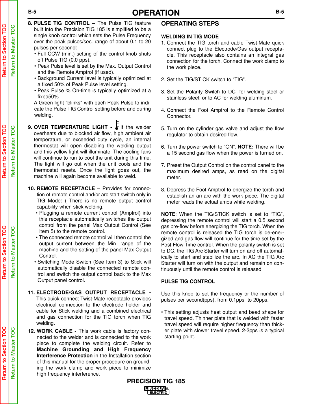 Lincoln Electric SVM169-A service manual Operating Steps, Welding in TIG Mode, Pulse TIG Control 