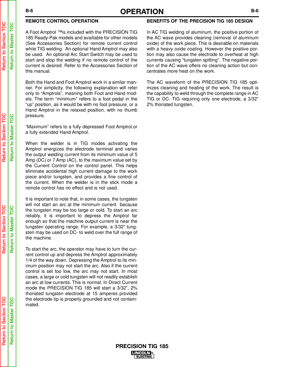 Lincoln Electric SVM169-A service manual Remote Control Operation, Benefits of the Precision TIG 185 Design 