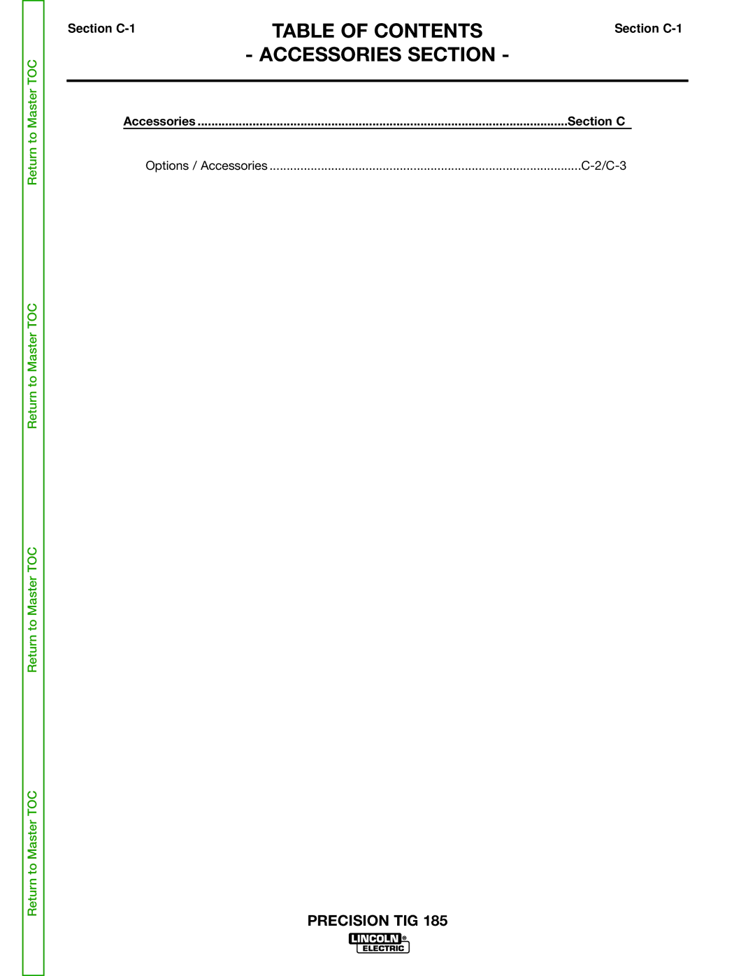 Lincoln Electric SVM169-A service manual Table of Contents, Accessories Section 