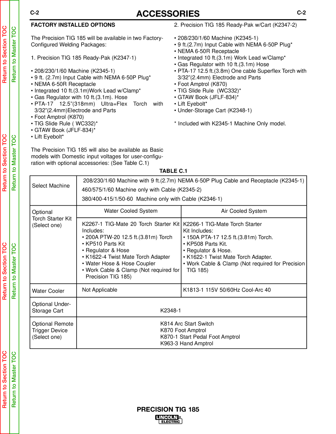 Lincoln Electric SVM169-A service manual Accessories, Factory Installed Options, Table C.1 