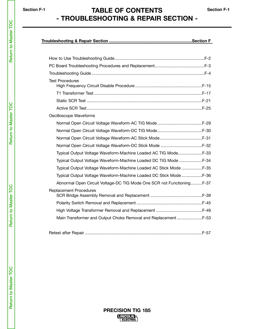 Lincoln Electric SVM169-A service manual Troubleshooting & Repair Section, Section F 