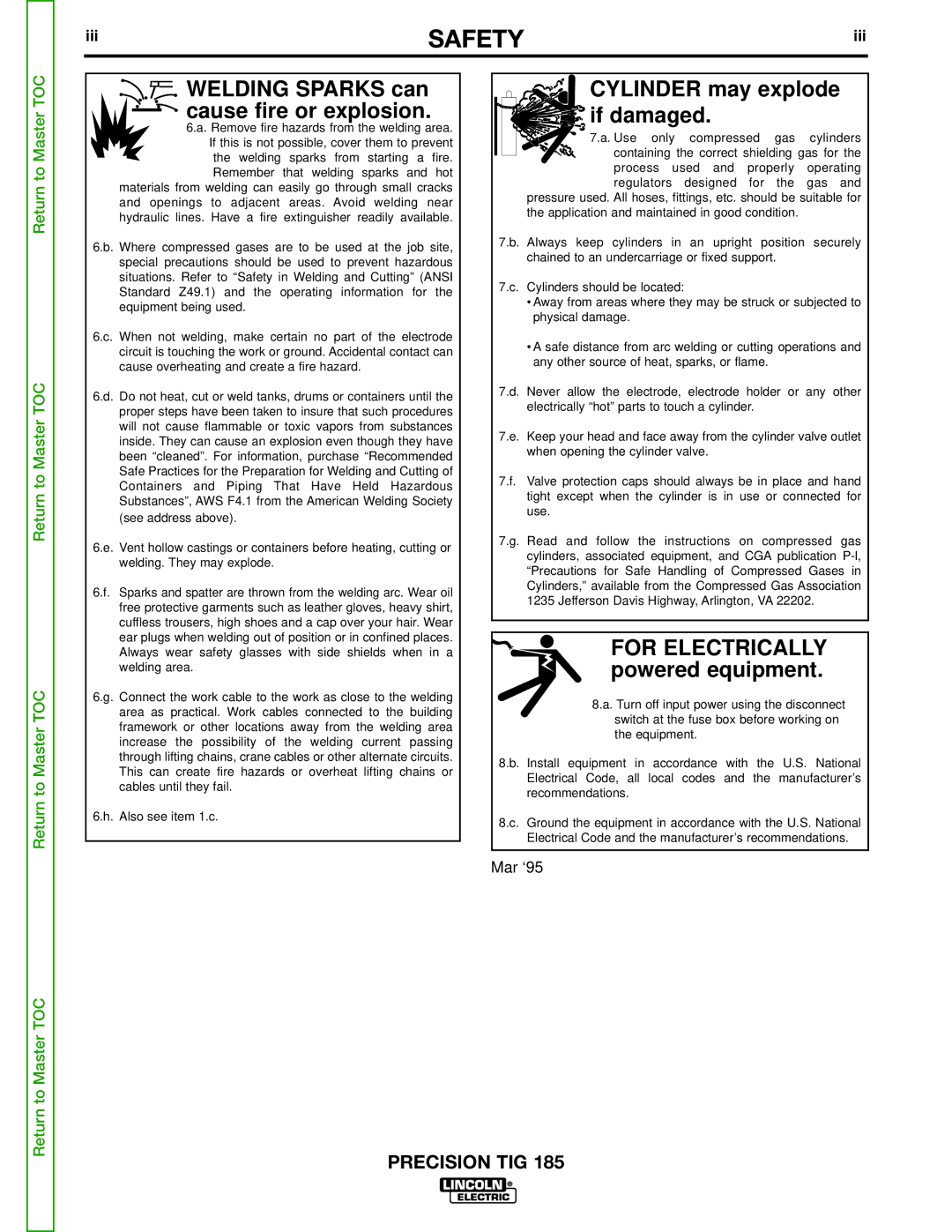 Lincoln Electric SVM169-A service manual Safety, Welding Sparks can cause fire or explosion 