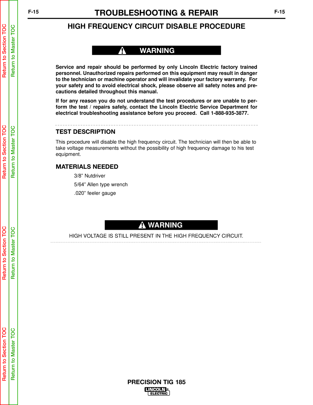 Lincoln Electric SVM169-A service manual High Frequency Circuit Disable Procedure, Test Description 