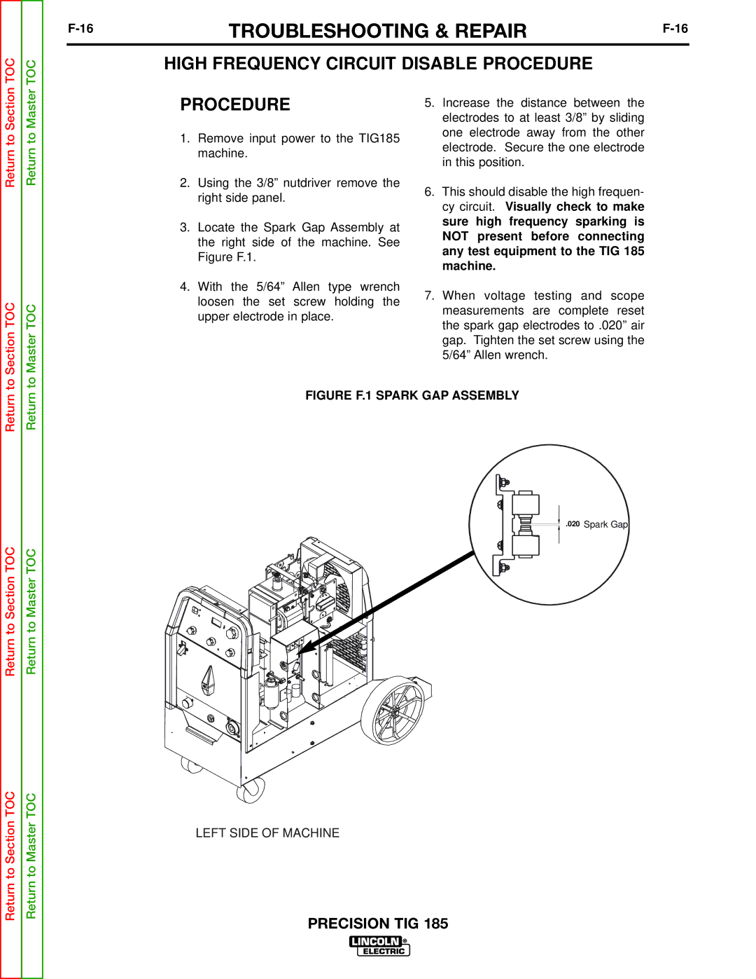 Lincoln Electric SVM169-A service manual Procedure, Figure F.1 Spark GAP Assembly 