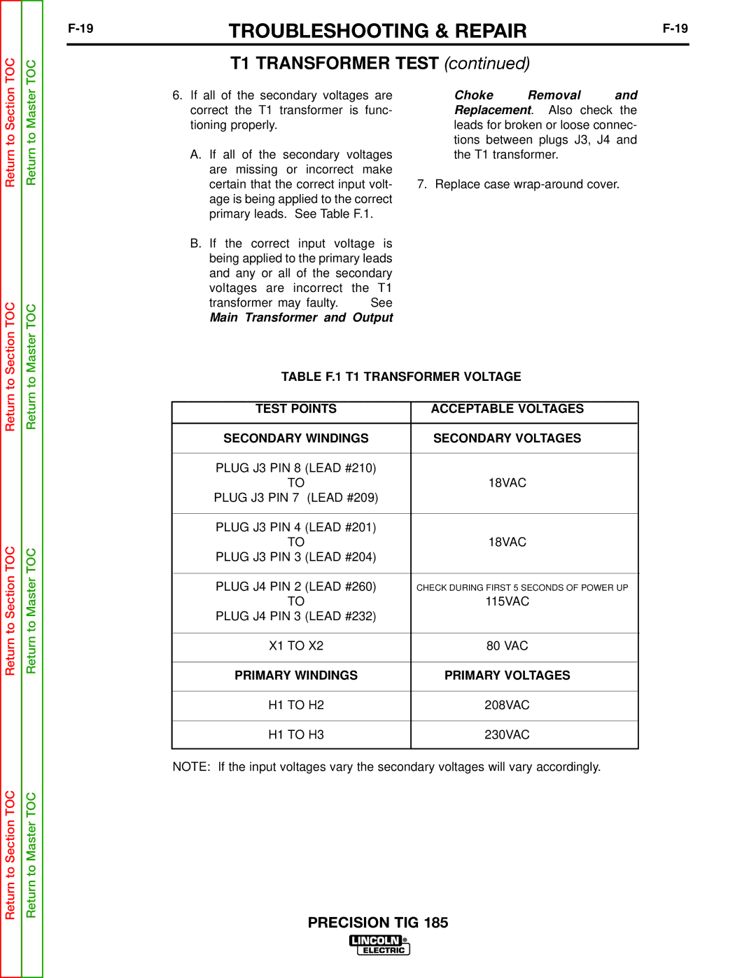 Lincoln Electric SVM169-A service manual Return to Section Section TOC, Primary Windings Primary Voltages 