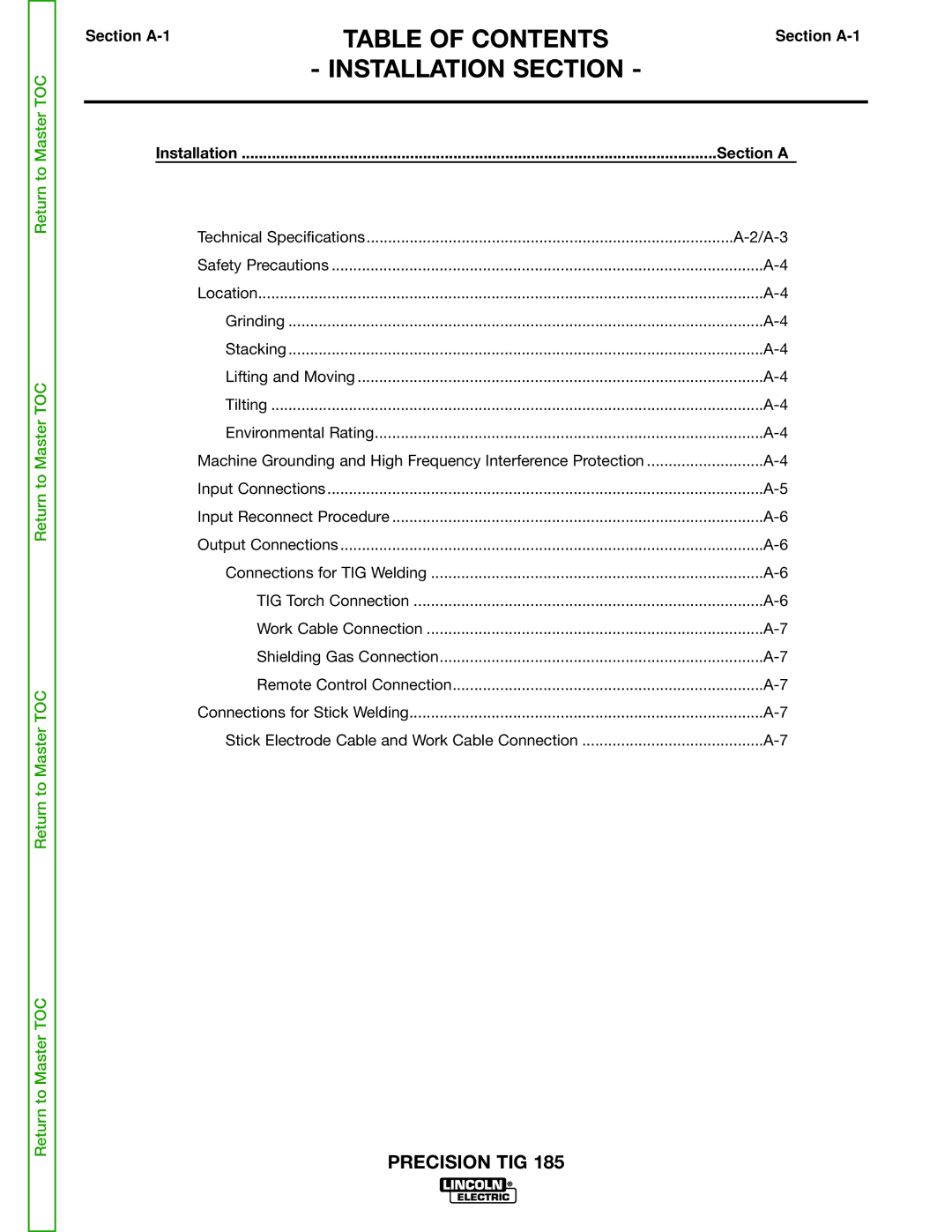 Lincoln Electric SVM169-A service manual Table of Contents, Installation Section 