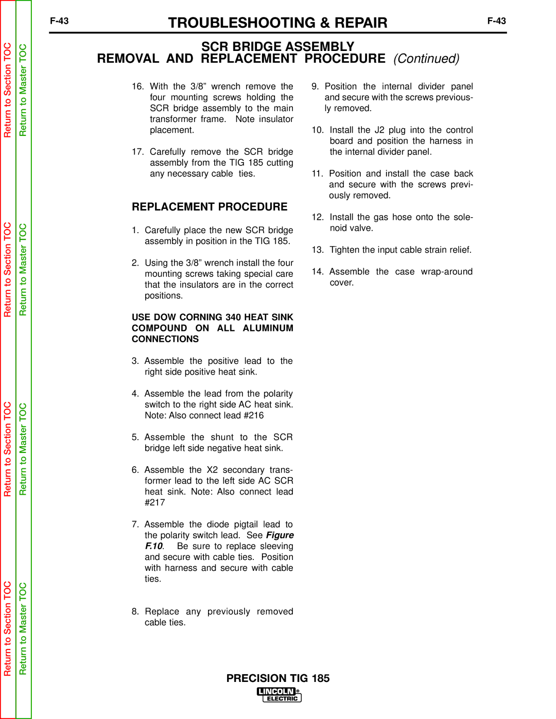 Lincoln Electric SVM169-A service manual 43TROUBLESHOOTING & REPAIRF-43, Replacement Procedure 