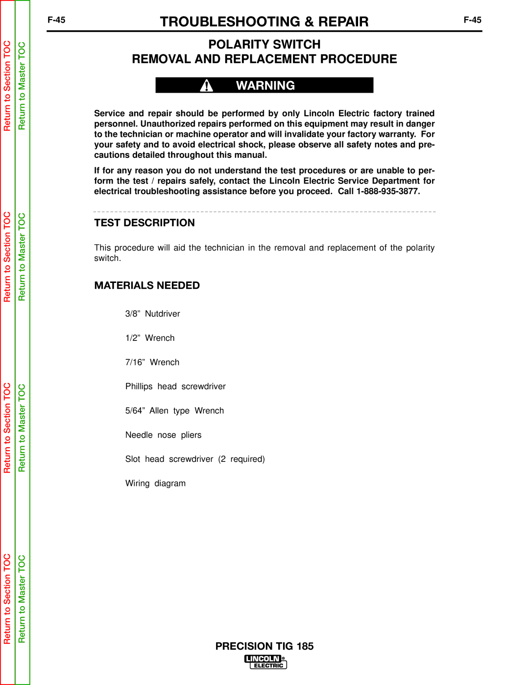 Lincoln Electric SVM169-A service manual Troubleshooting & Repair, Polarity Switch Removal and Replacement Procedure 