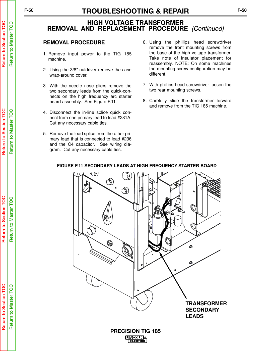 Lincoln Electric SVM169-A service manual High Voltage Transformer, Transformer Secondary Leads Precision TIG 