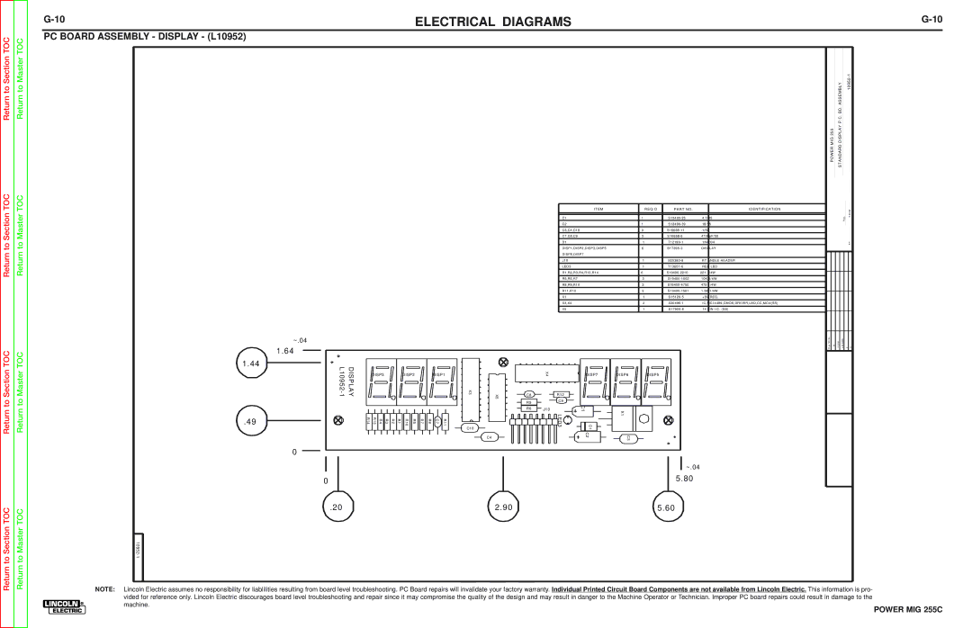 Lincoln Electric SVM170-A service manual PC Board Assembly Display L10952, Lincoln Electric CO 