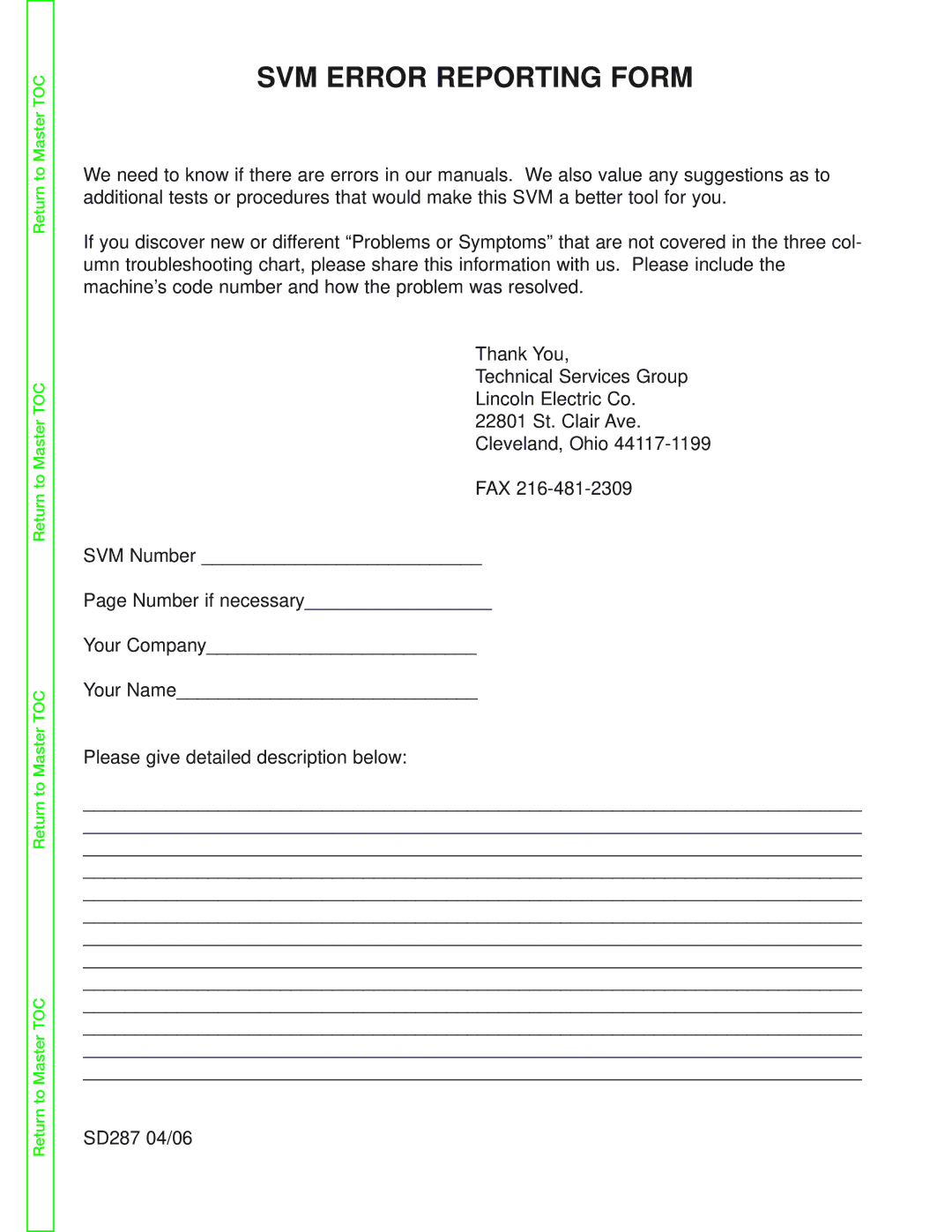 Lincoln Electric SVM170-A service manual SVM Error Reporting Form 