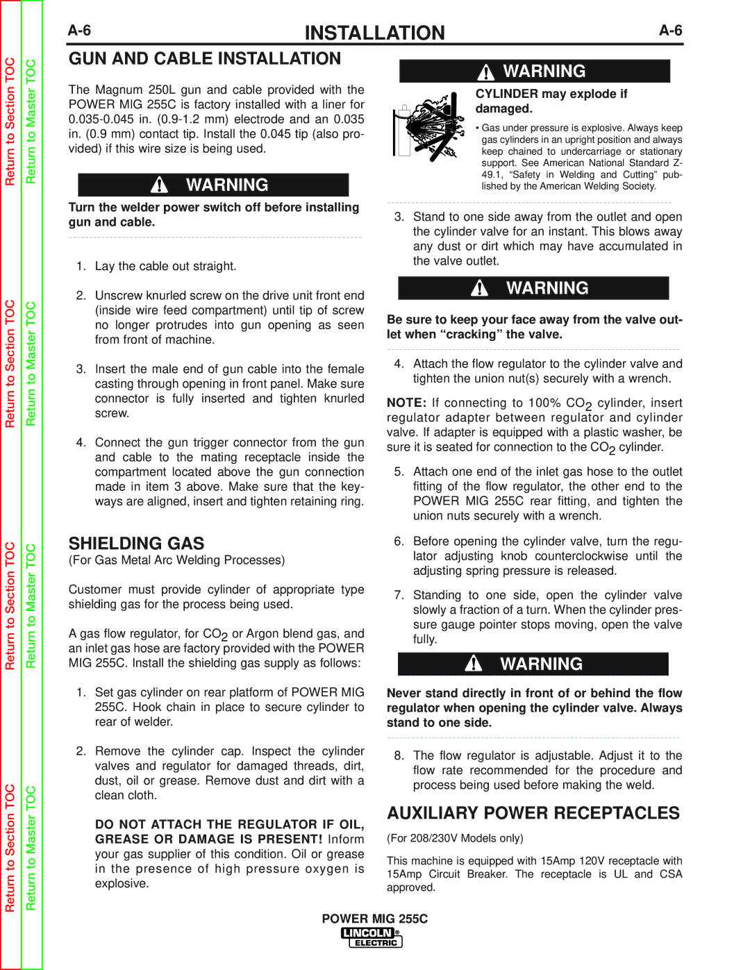 Lincoln Electric SVM170-A service manual GUN and Cable Installation, Shielding GAS, Auxiliary Power Receptacles 