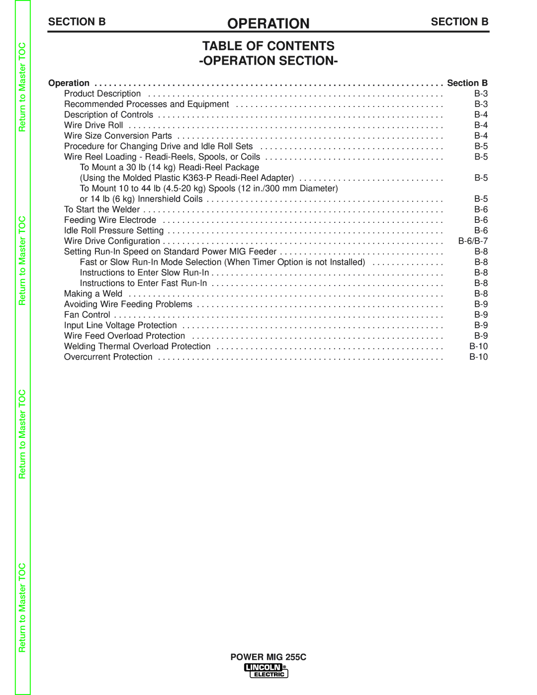 Lincoln Electric SVM170-A service manual Table of Contents Operation Section 